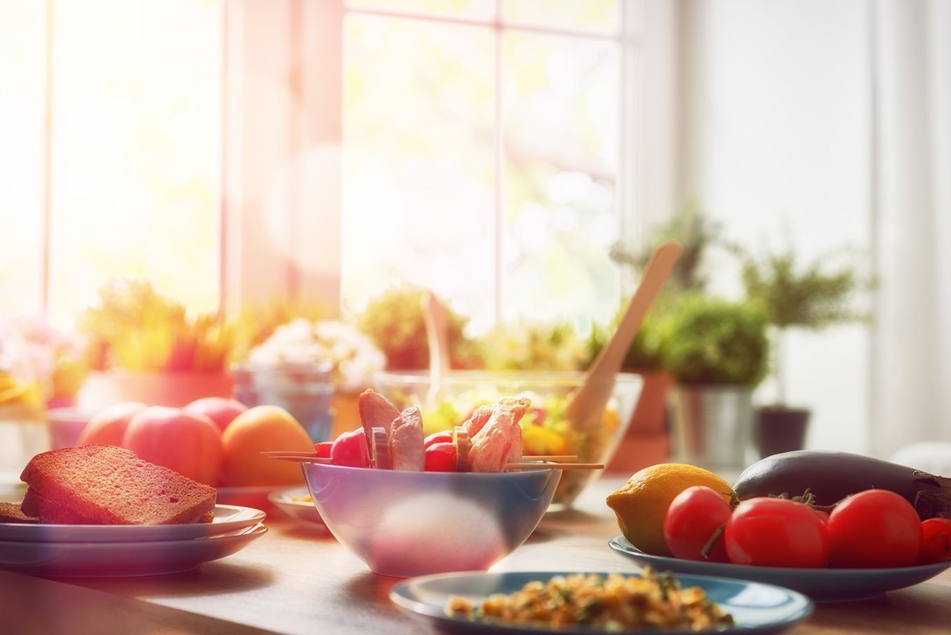 Healthy food on a sunlit table