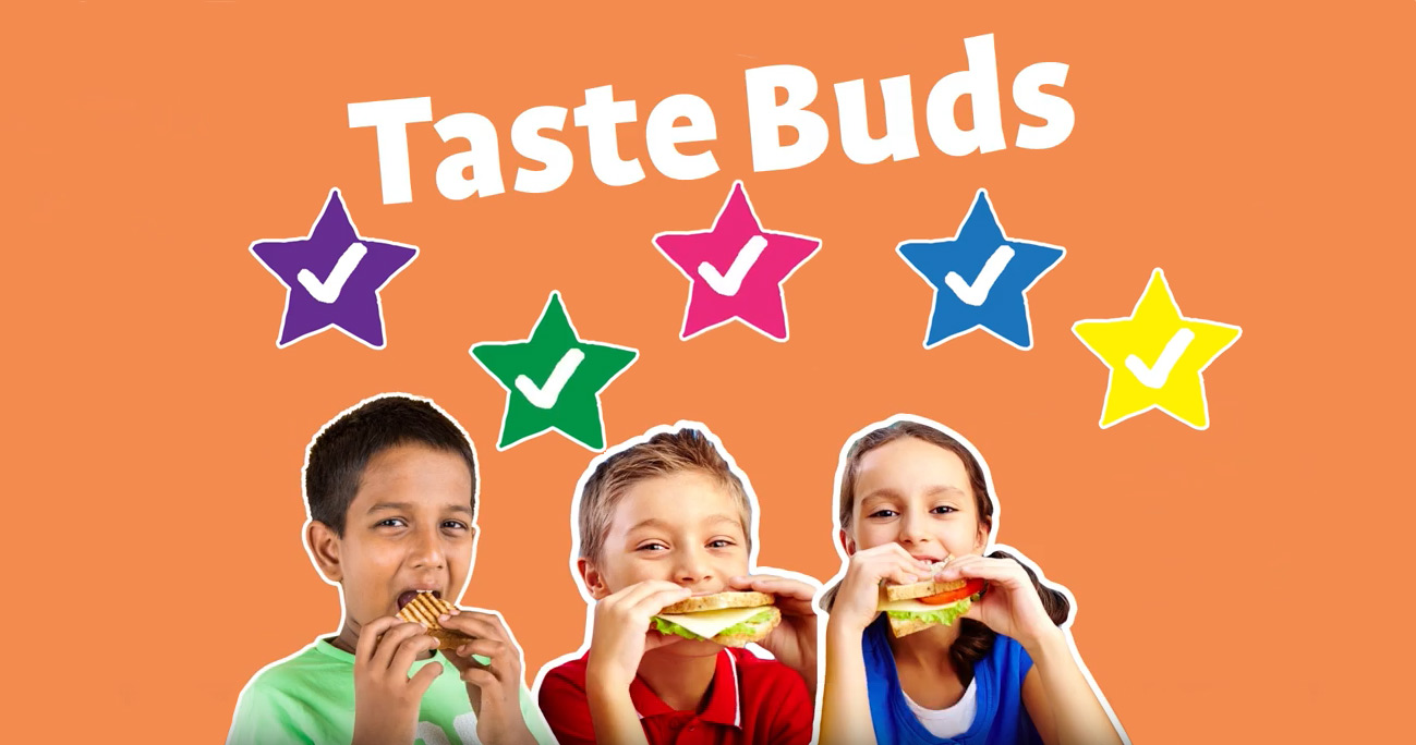 Tastebuds title image with three children eating healthy food